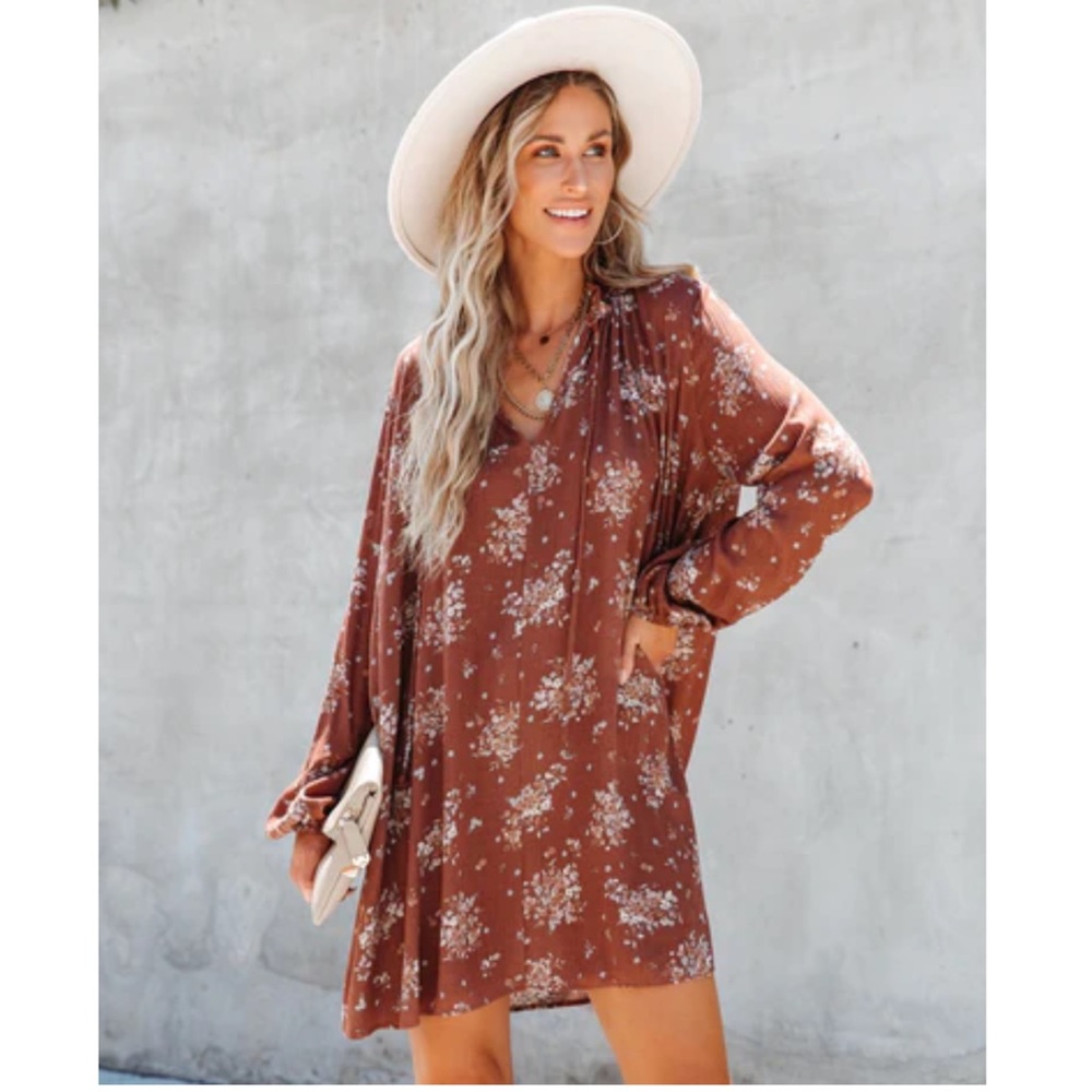 Vici brown floral boho mini dress